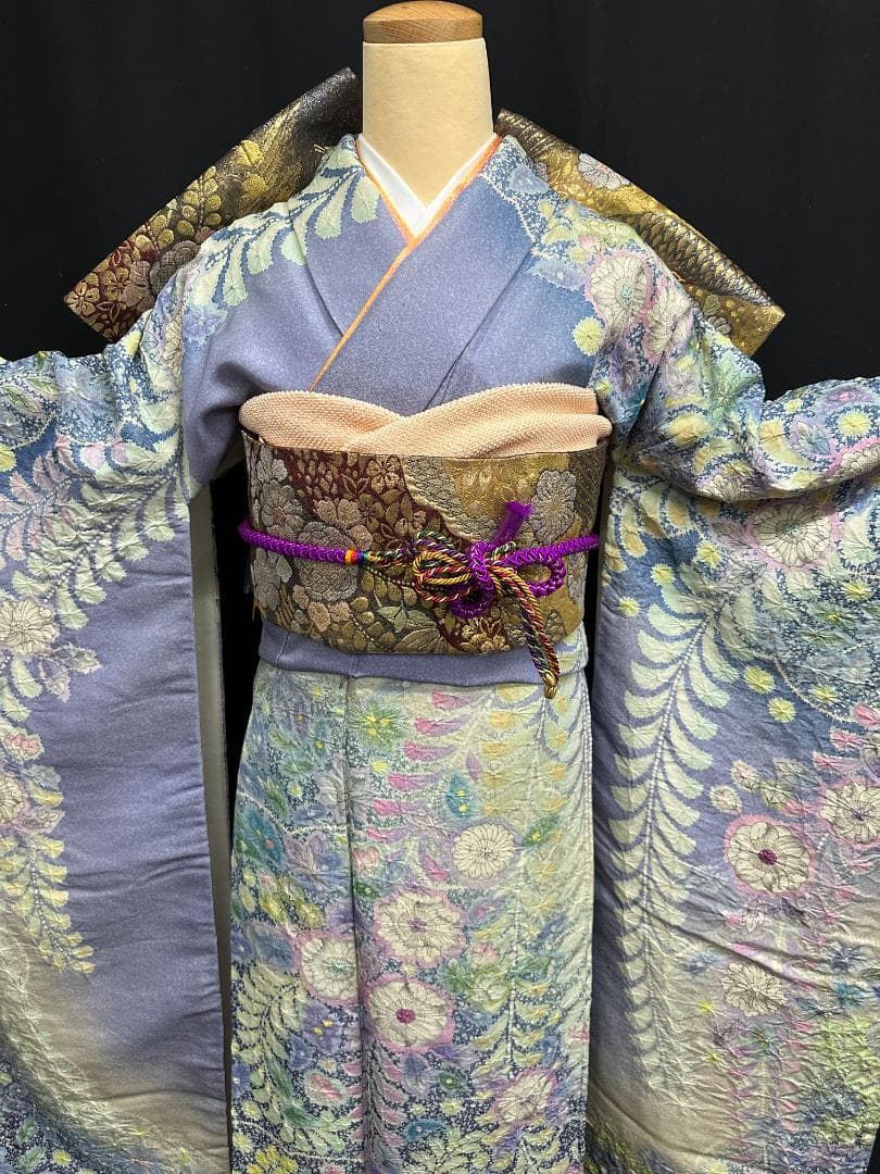 パープル系 辻が花 金通し振袖 辻が花六通柄袋帯フルセット