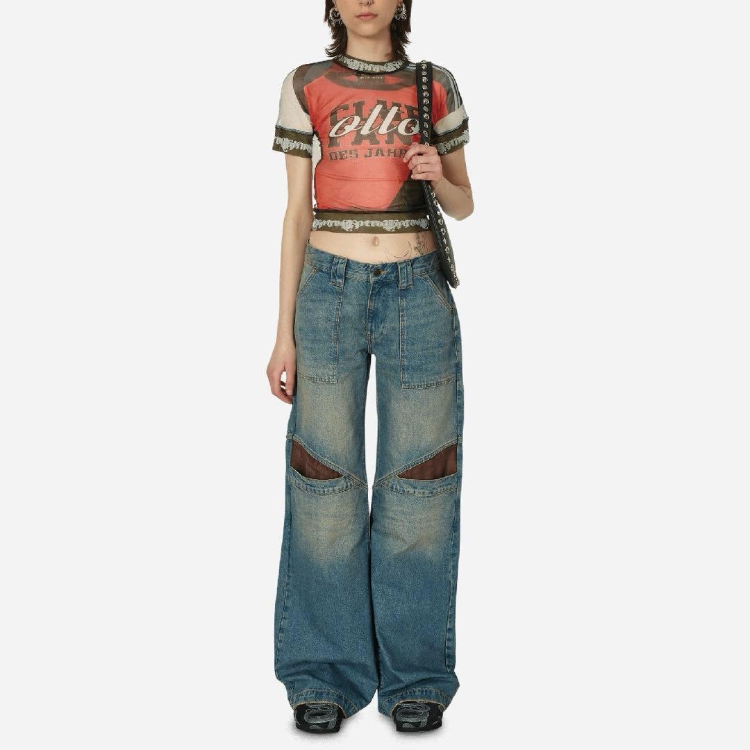 guess USA レザー切り替え　ワイドデニムパンツ