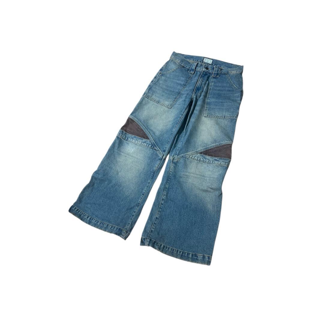 guess USA レザー切り替え　ワイドデニムパンツ