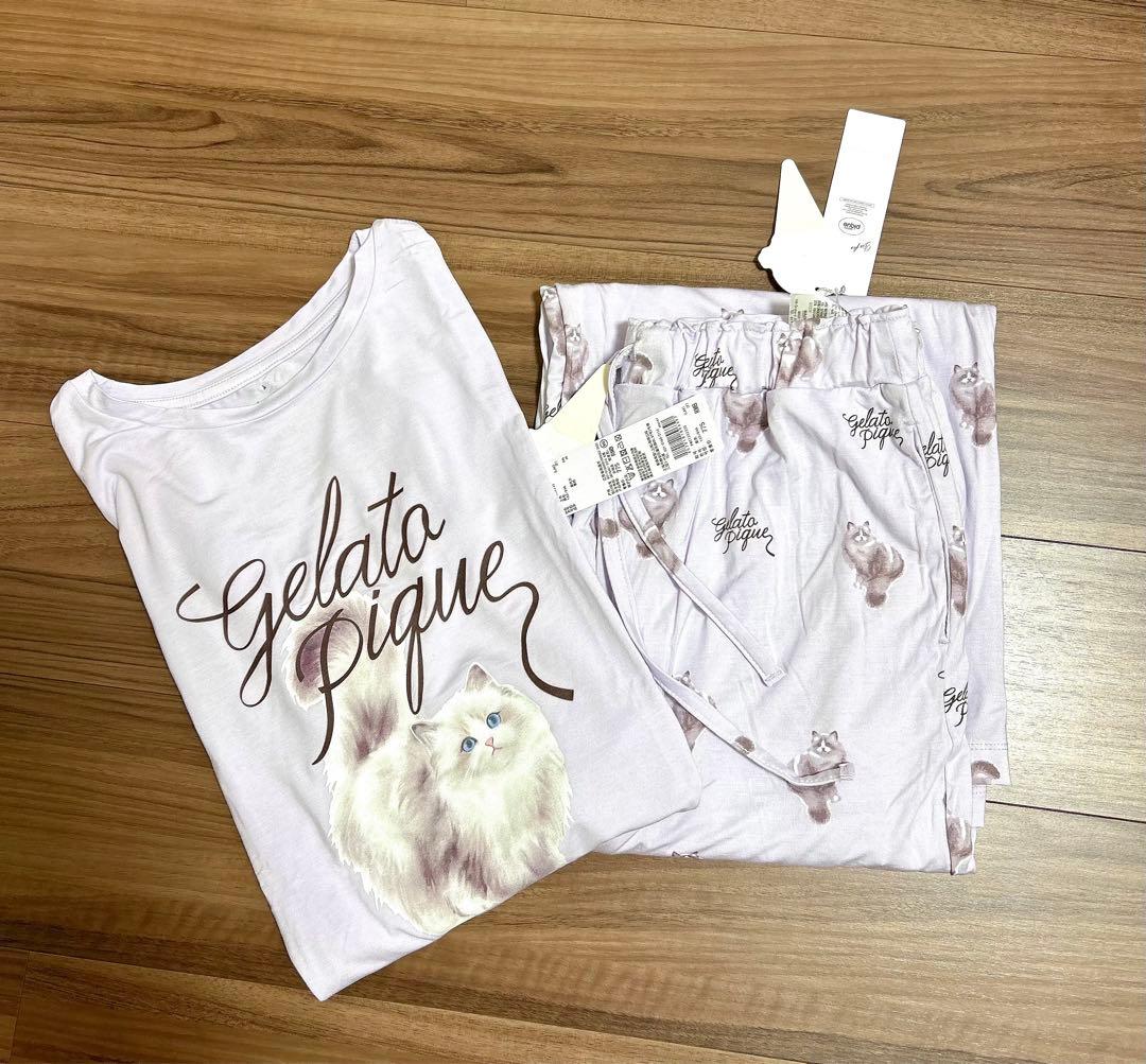 新品　ジェラートピケ CAT柄ワンポイントTシャツ&ロングパンツ上下セット