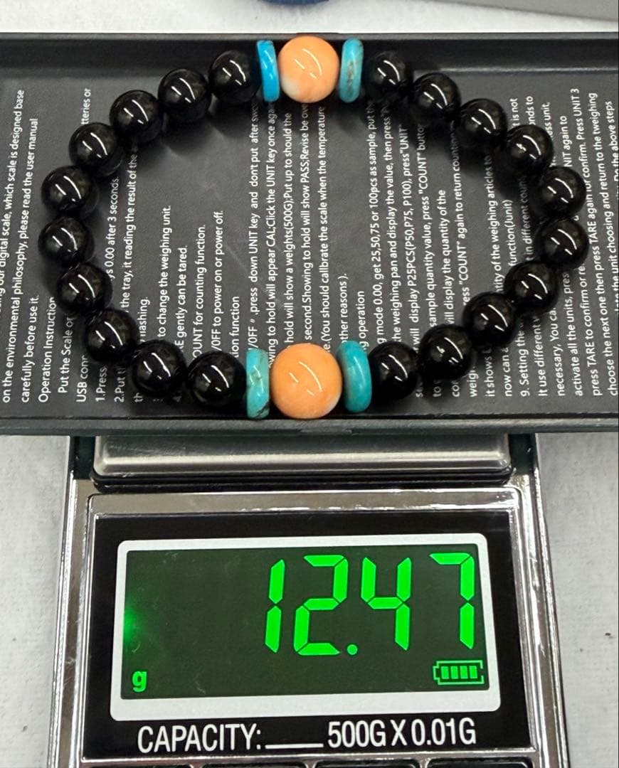 2247 天然黒珊瑚にもも珊瑚とターコイズのデザイン　ブレスレット