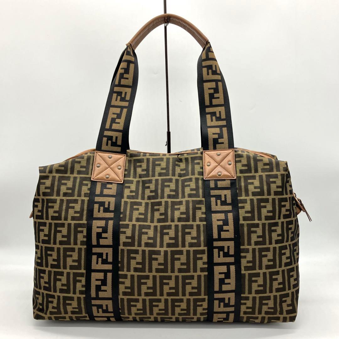 【FENDI】ボストンバッグ　ズッカ柄　デカロゴ　ナイロン　レザー　ブラウン