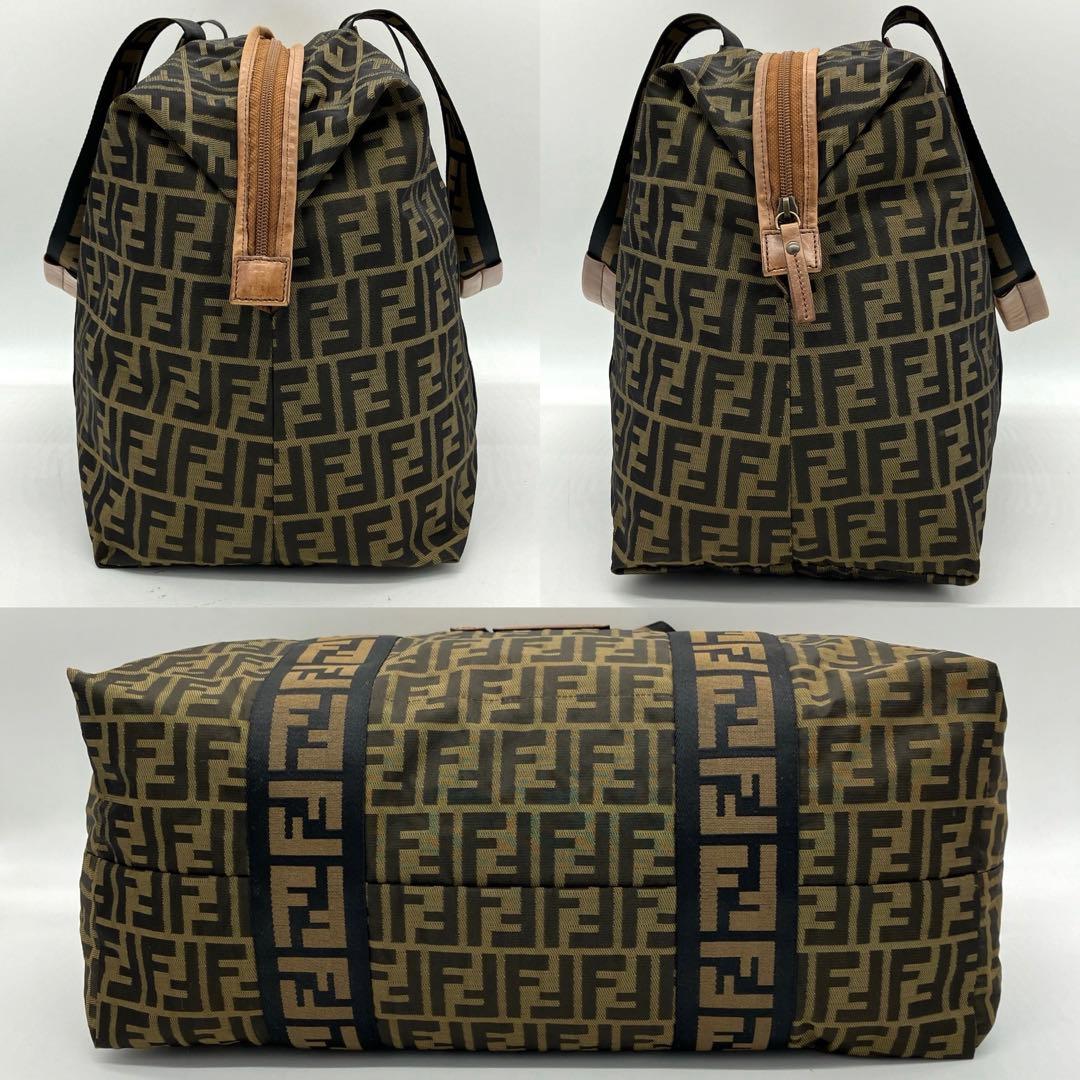 【FENDI】ボストンバッグ　ズッカ柄　デカロゴ　ナイロン　レザー　ブラウン