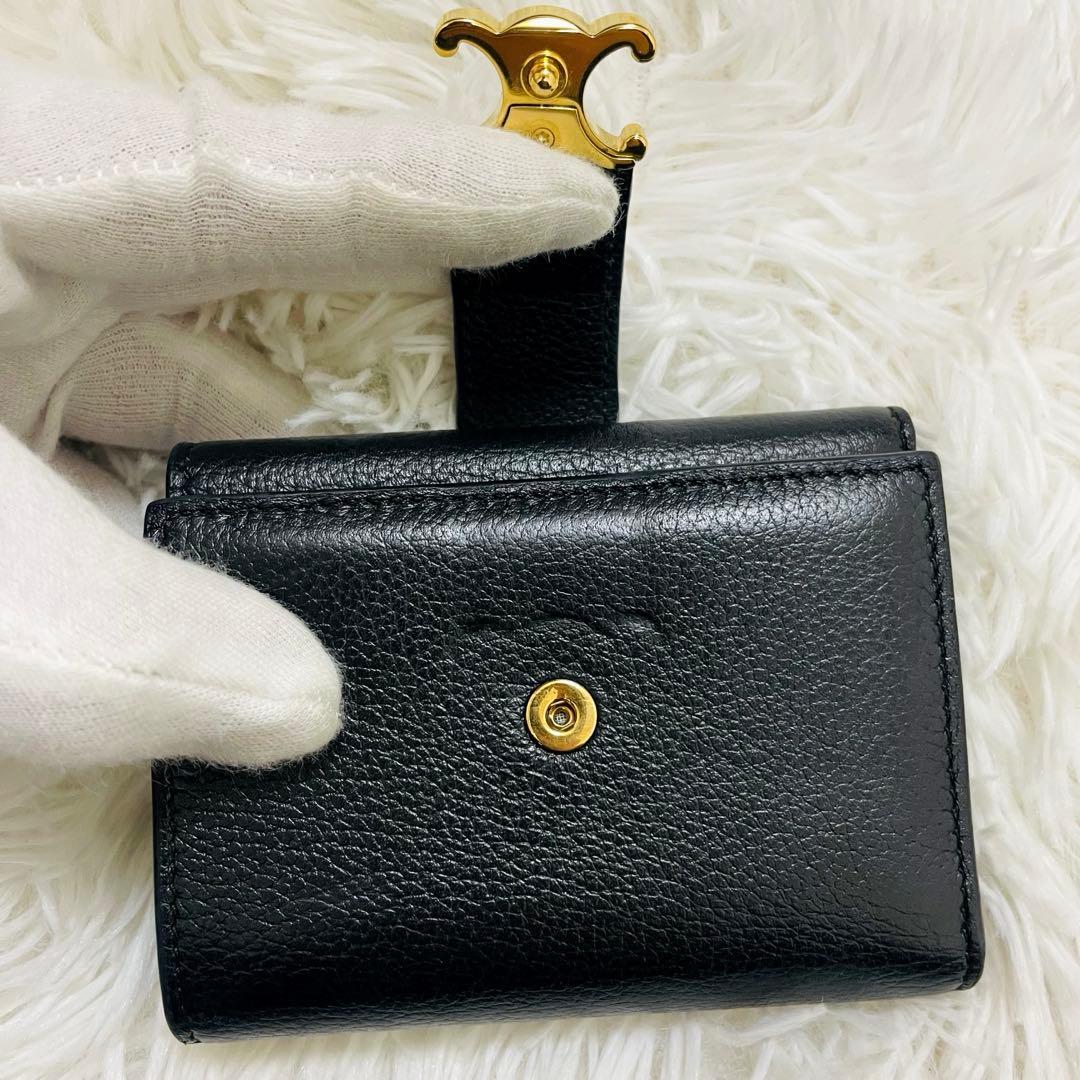 極美✨CELINE 三つ折り財布 ストラップ トリオンフ レザー ブラック