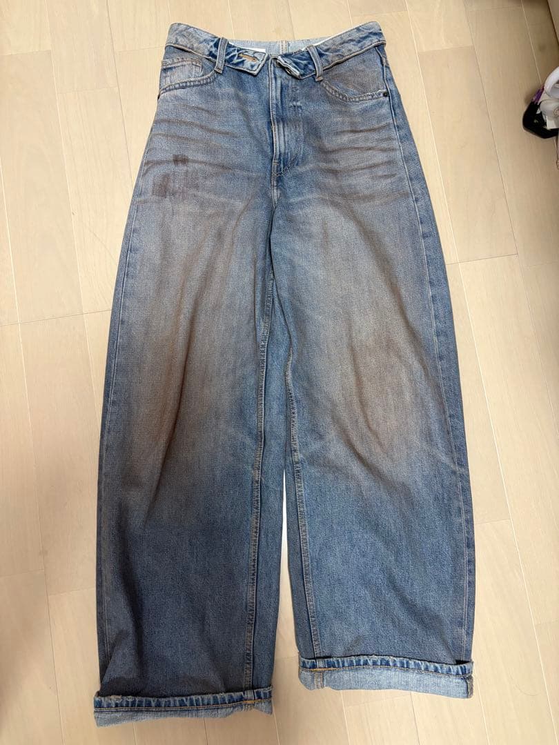 TRF ミッドライズ折り返しウエストデニムパンツ　アクネデニム風