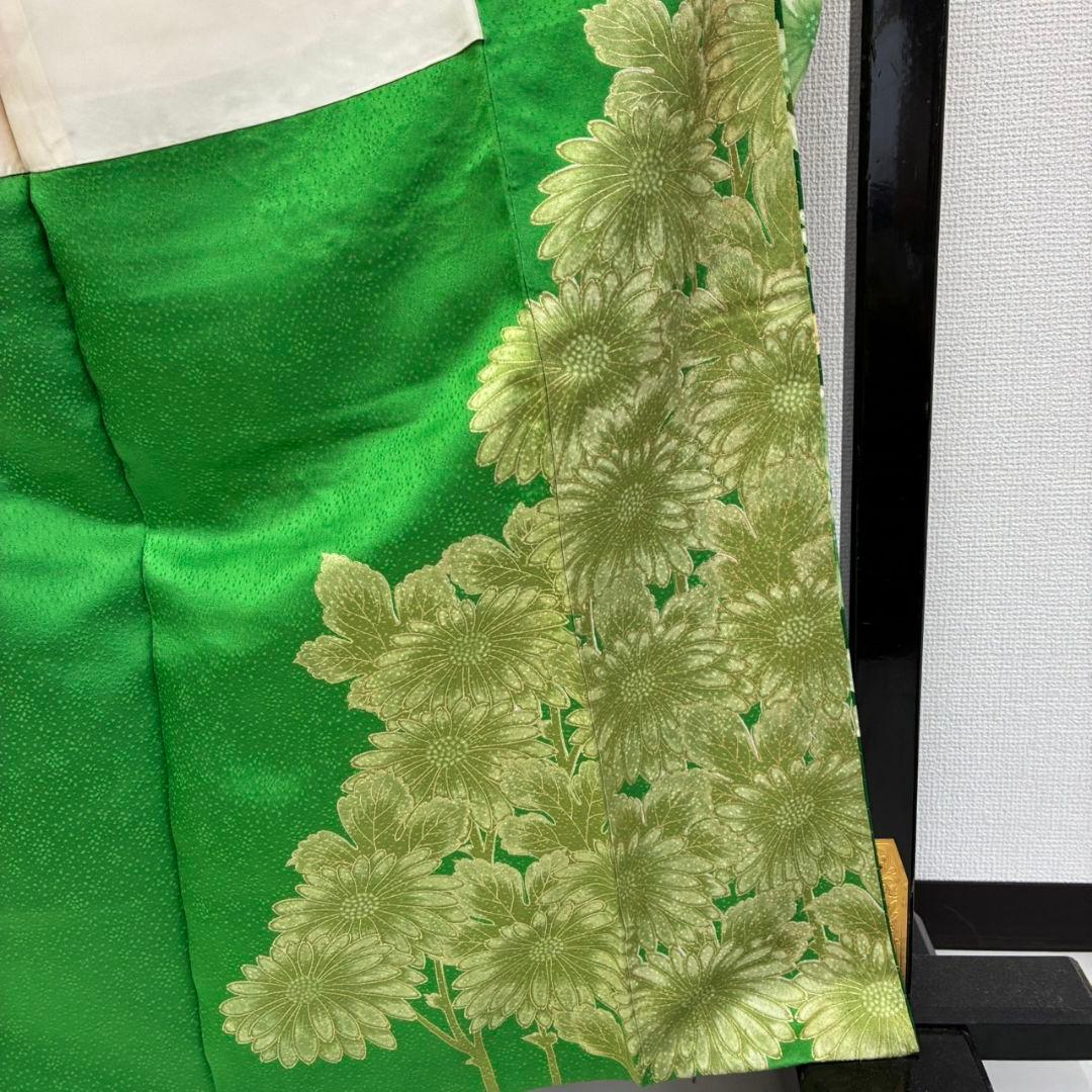 振袖 正絹 金駒刺繍 人気色のグリーン系 圧巻の花々 広衿 袷 着物翼-501