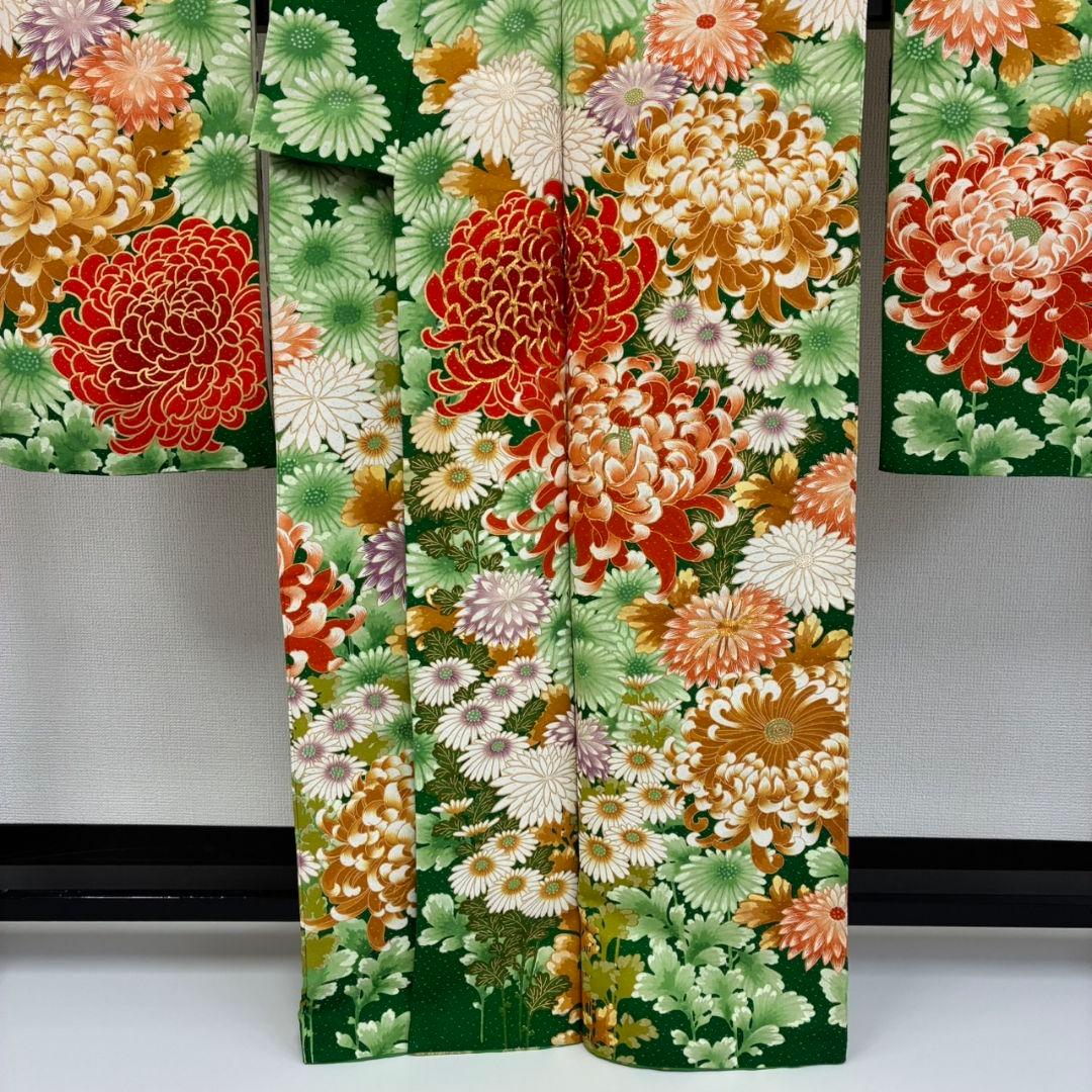 振袖 正絹 金駒刺繍 人気色のグリーン系 圧巻の花々 広衿 袷 着物翼-501