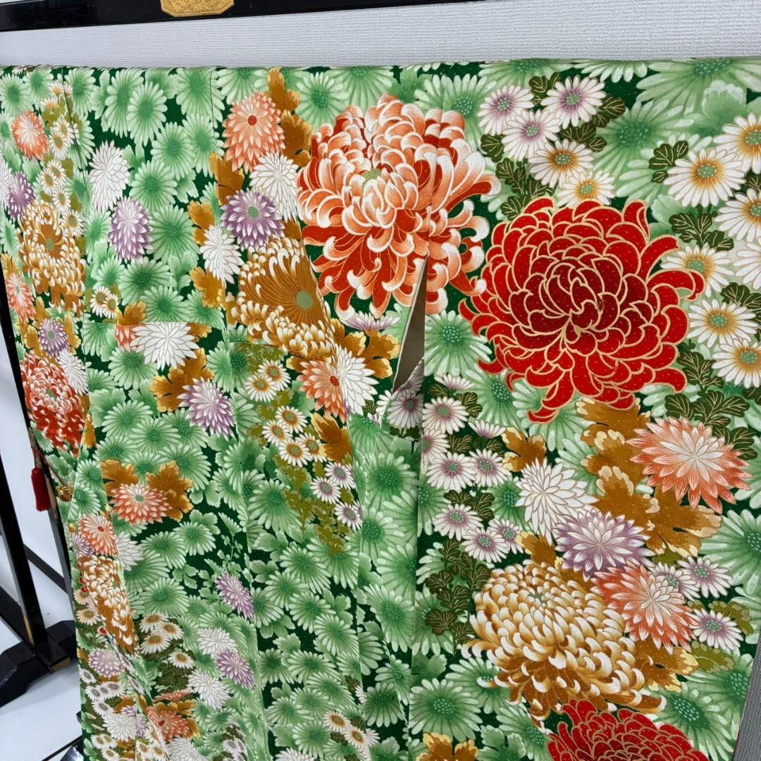 振袖 正絹 金駒刺繍 人気色のグリーン系 圧巻の花々 広衿 袷 着物翼-501