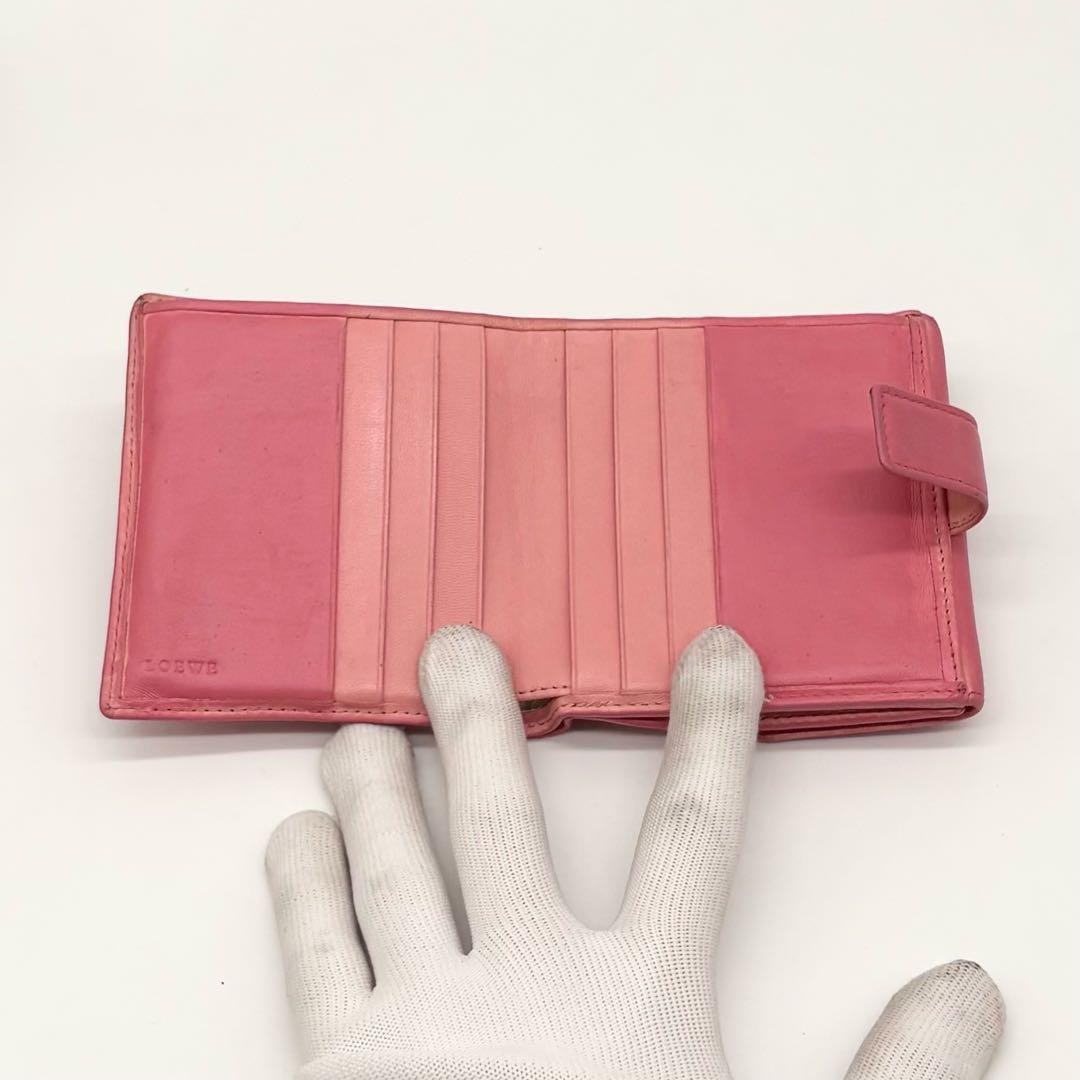 【美品】LOEWE 二つ折り財布 レザー アナグラム 型押し デカロゴ ピンク