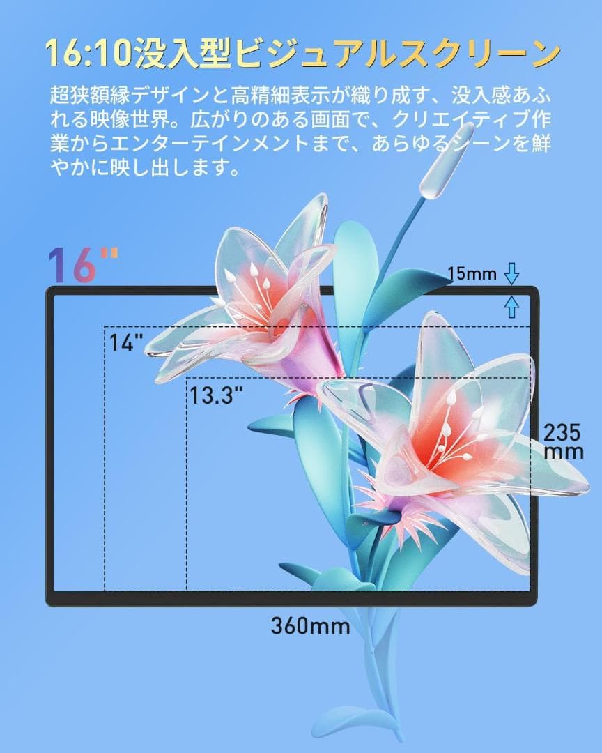 モバイルモニター 16インチ ポータブルモニター ノートPC拡張 軽量 薄型