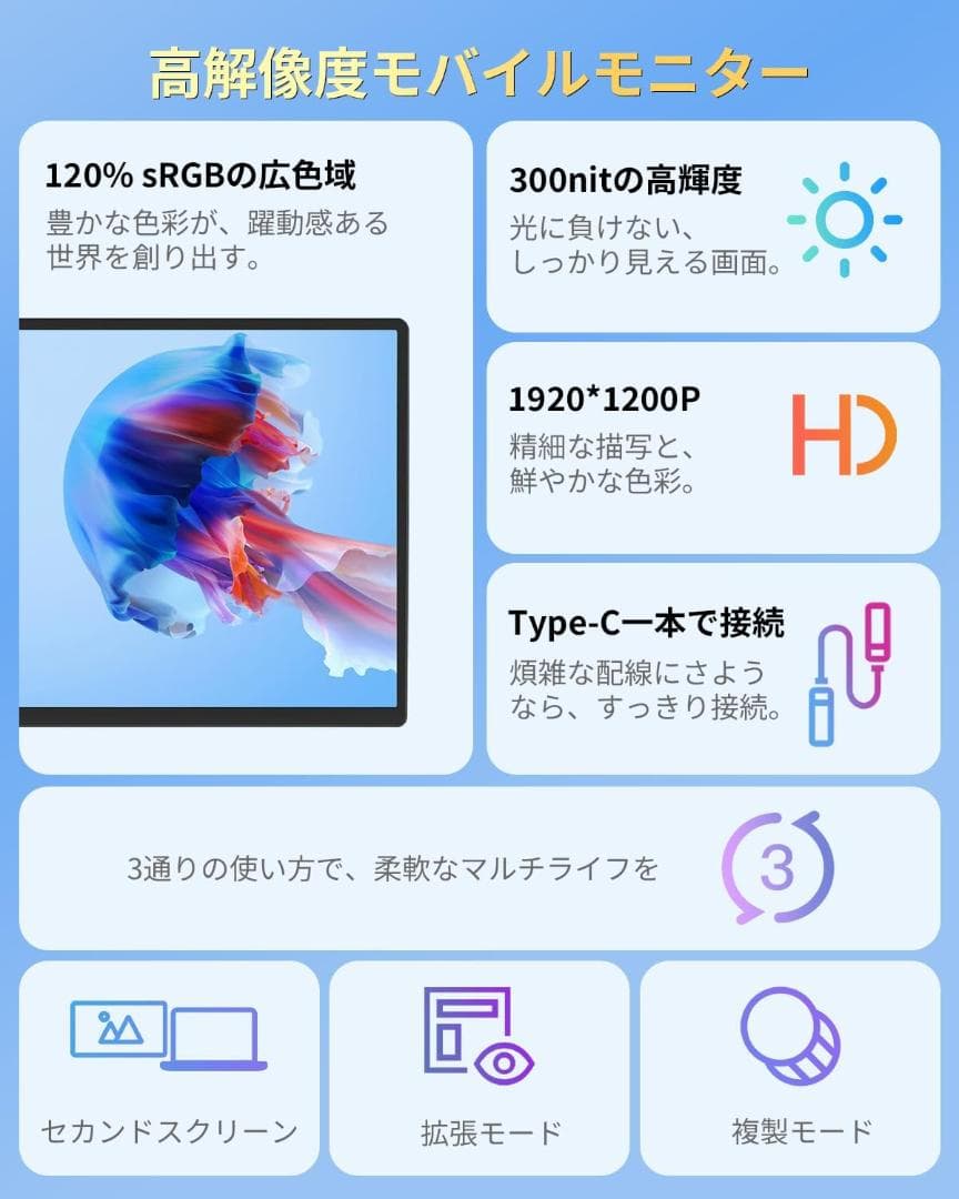 モバイルモニター 16インチ ポータブルモニター ノートPC拡張 軽量 薄型