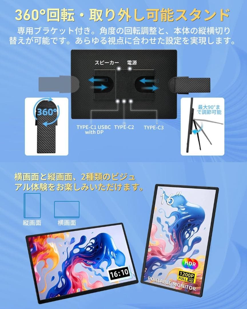 モバイルモニター 16インチ ポータブルモニター ノートPC拡張 軽量 薄型
