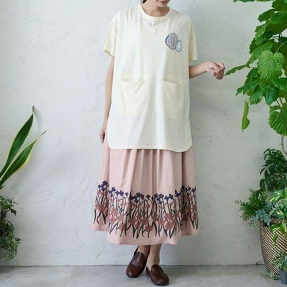 Emago／淡いピンク❁︎エンブロイダリーギャザースカート ロング丈刺繍花柄