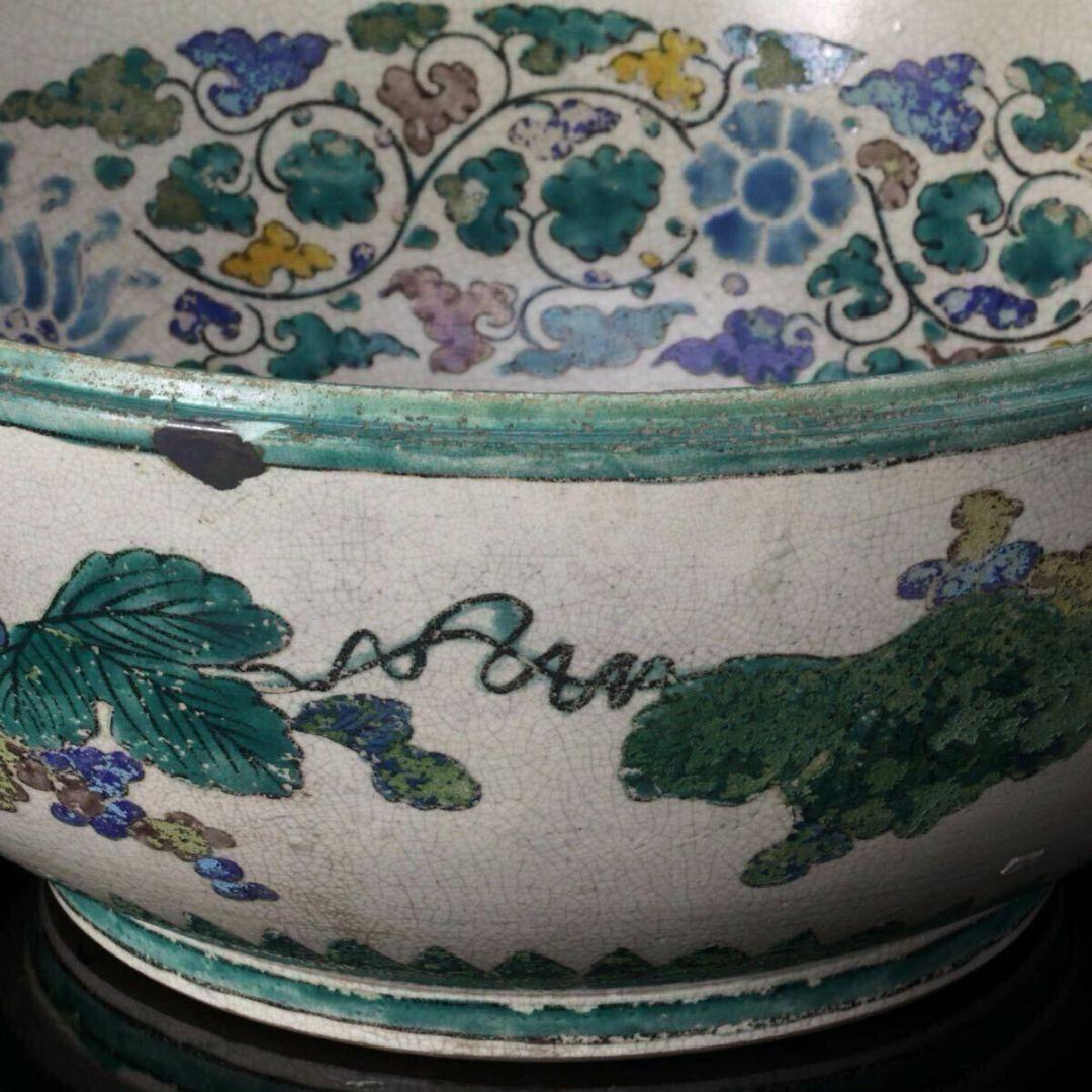 中国 陶器古伊万里 青手 纏枝花開光花図 大飾 和食器 色絵 大皿 骨董