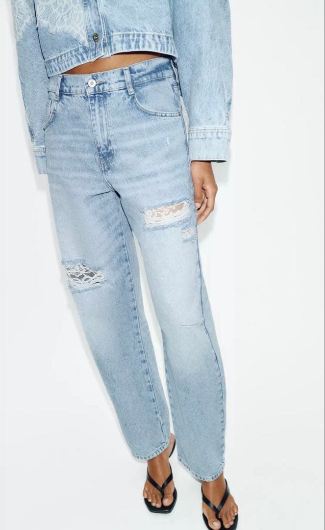 完売品　ZARA ダメージ加工バギーレースデニムパンツ