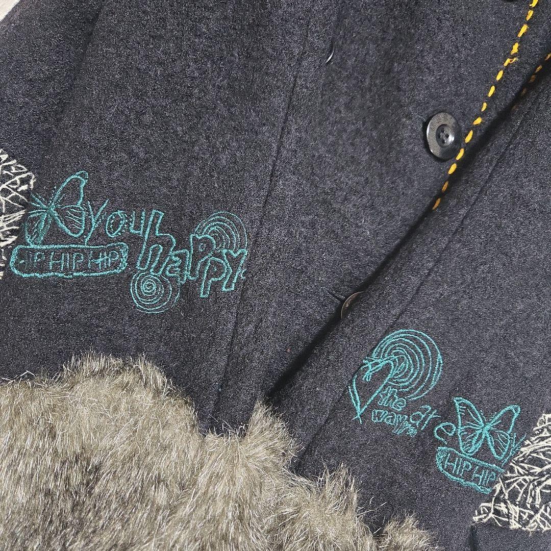デシグアル Desigual ロングコート 刺繍 ファー付き ウール 個性的