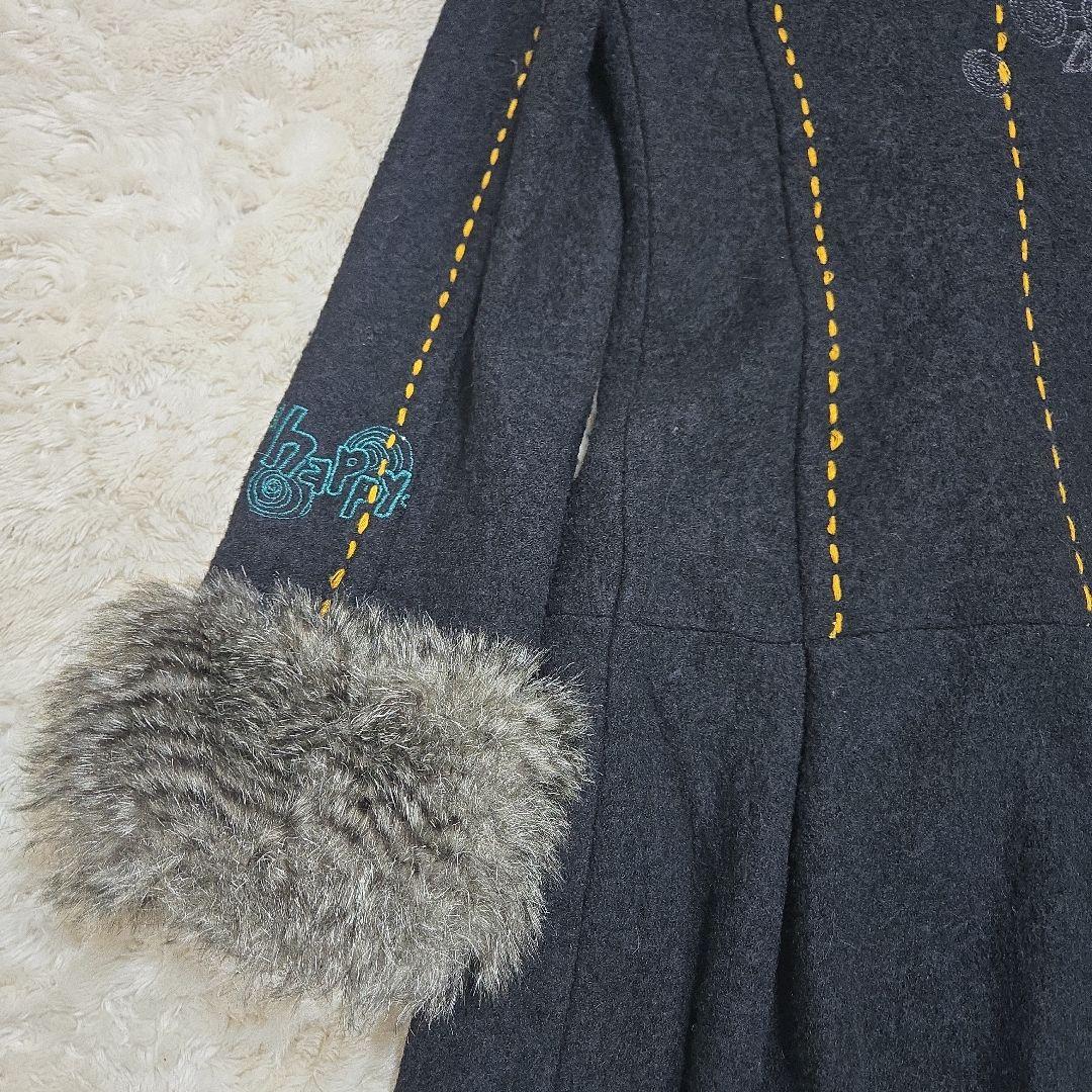 デシグアル Desigual ロングコート 刺繍 ファー付き ウール 個性的