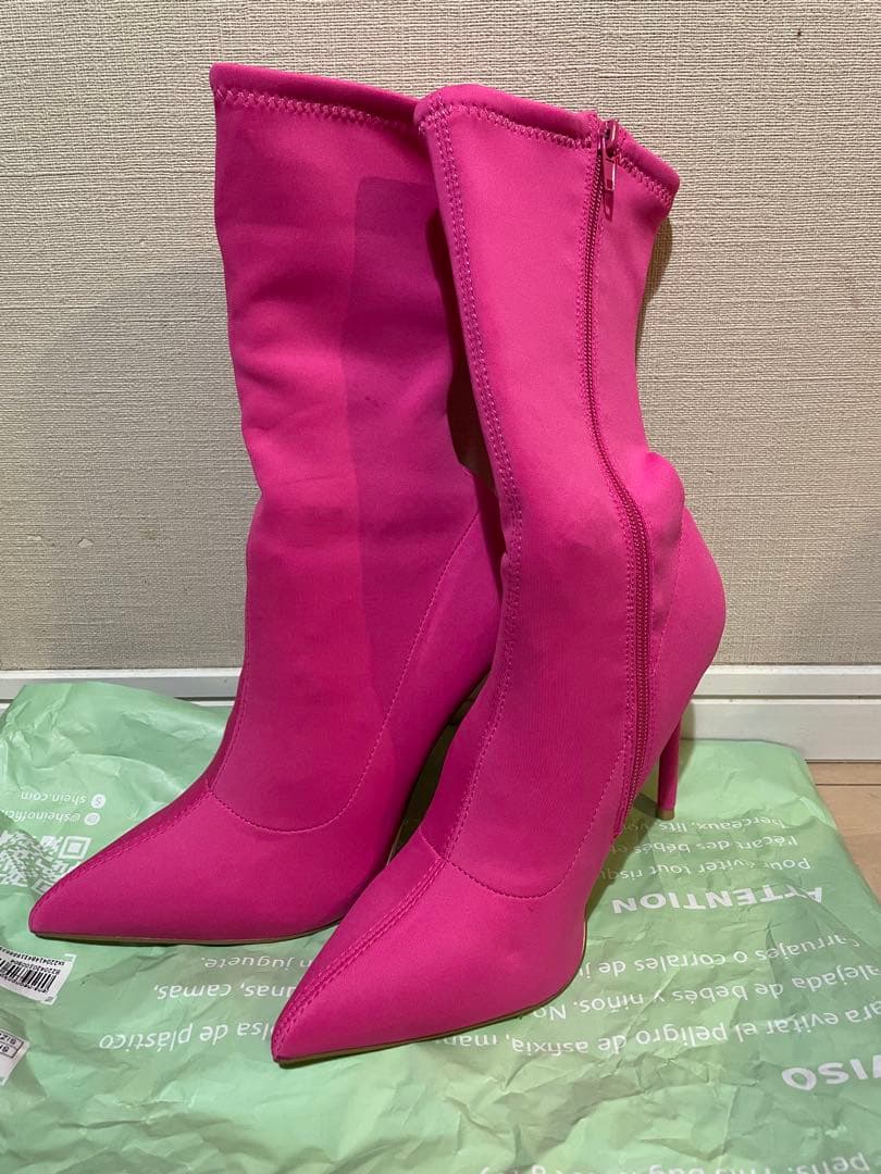 ピンキーヒールミドルブーツショッキングピンク24cm
