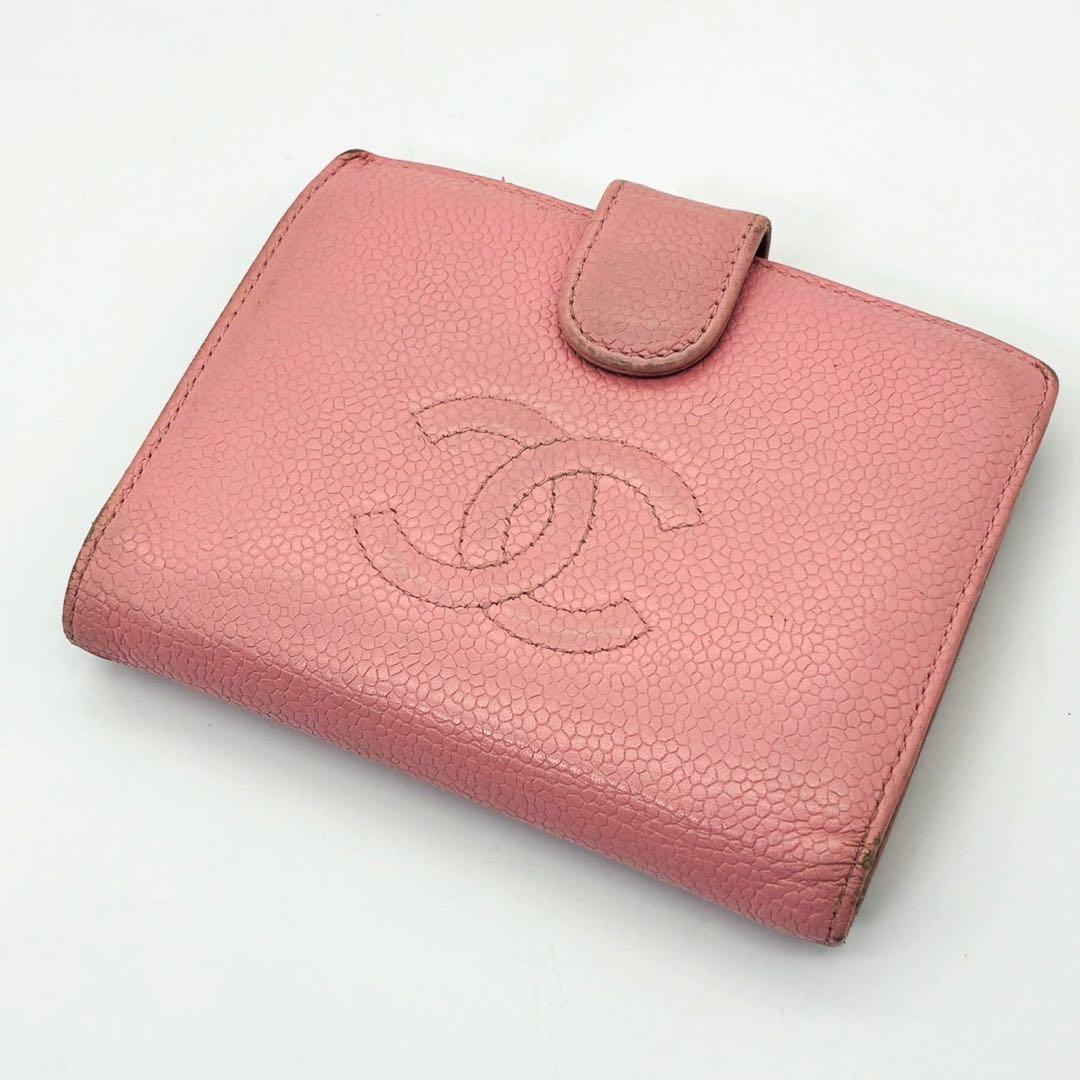 CHANEL シャネル がま口付 折り財布 キャビアスキン ピンク ココマーク