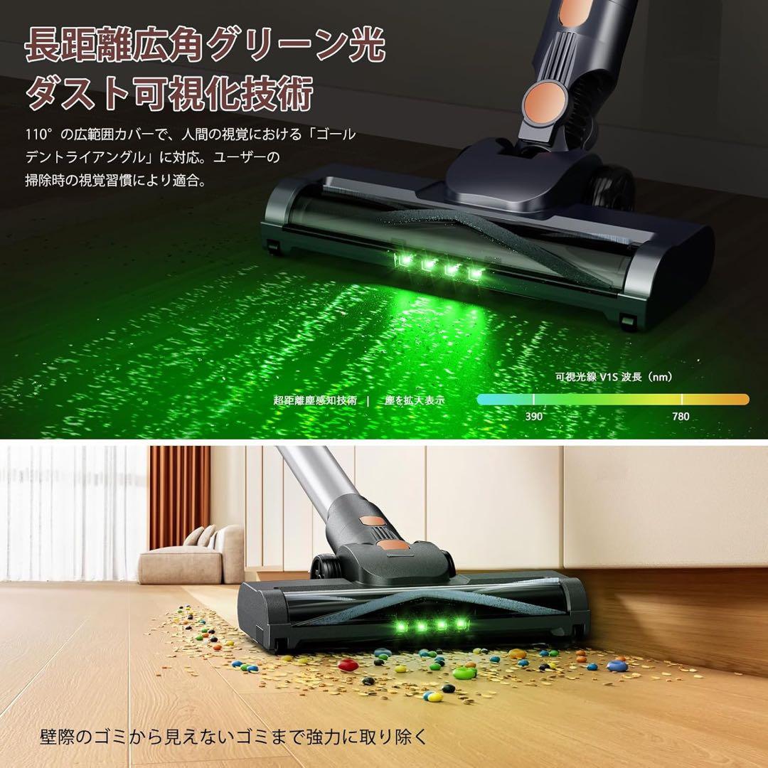 掃除機 コードレス110Kpa軽量 自立式 グリーンLEDライト HEPA