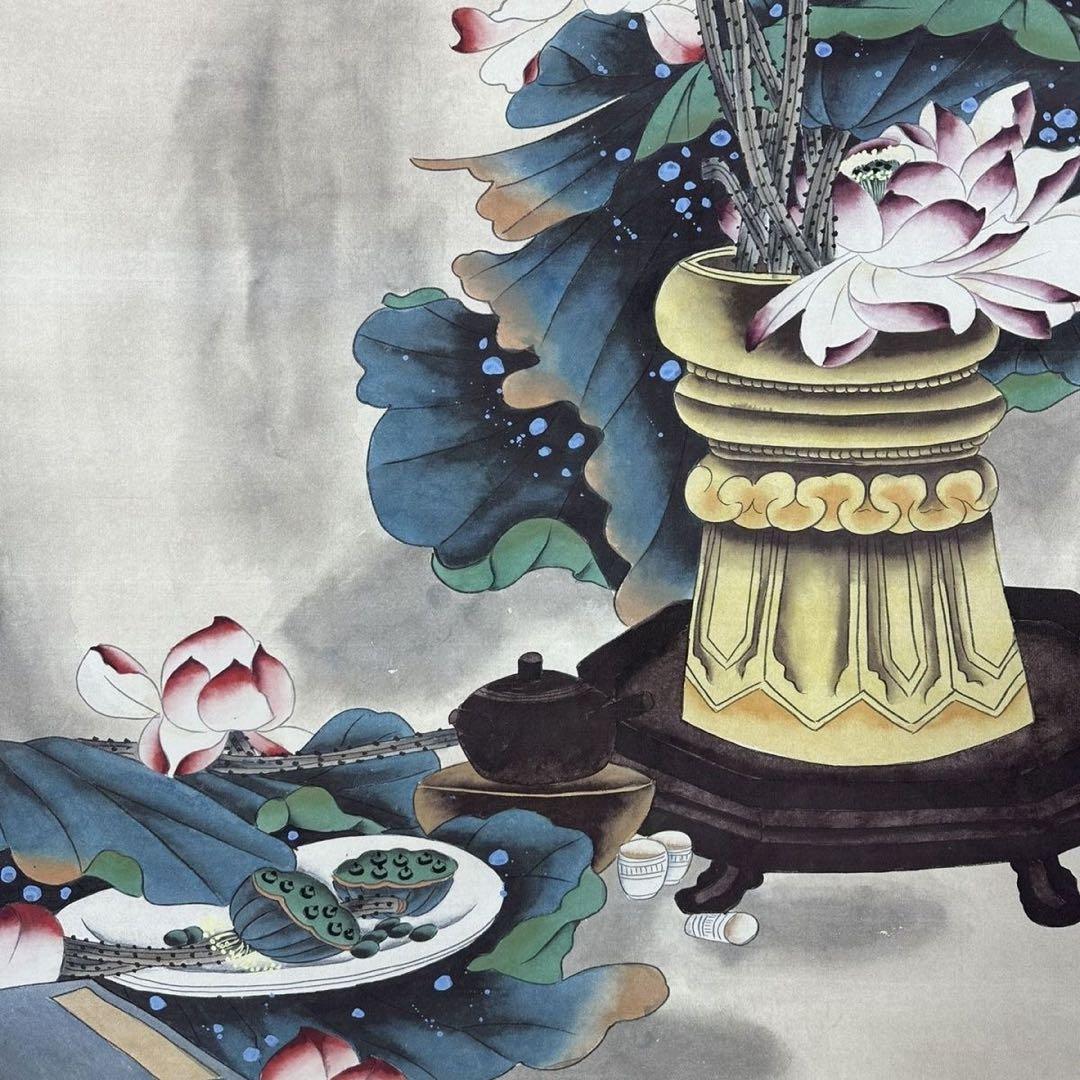 張大千 蓮花図 三尺中堂 掛軸 証書付