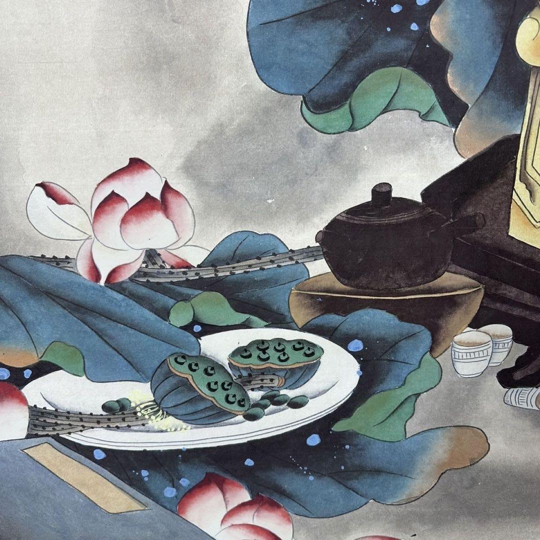 張大千 蓮花図 三尺中堂 掛軸 証書付