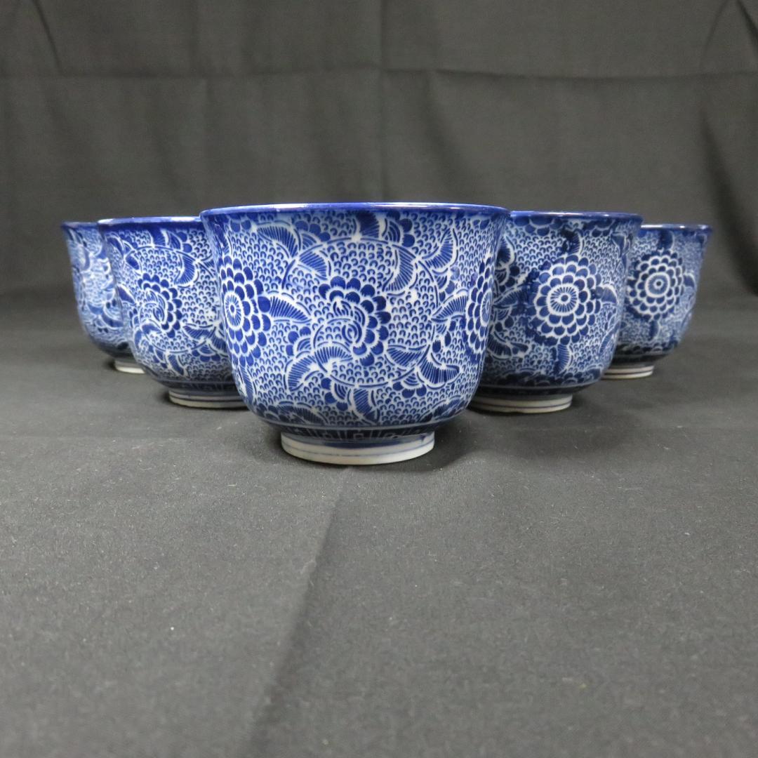 蕎麦猪口 5客 印判 染付 微塵唐草 花唐草 明治 大正 湯呑