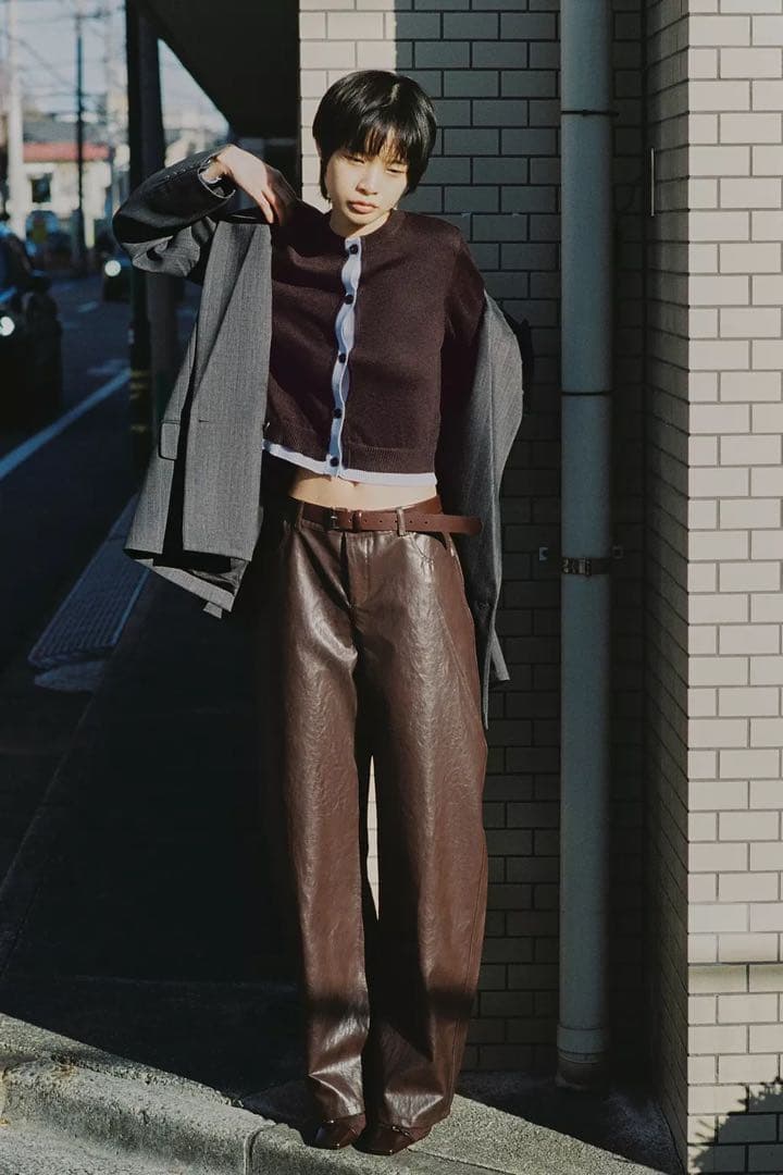 ZARA コントラストニットカーディガン★Mサイズ★ブラウン色