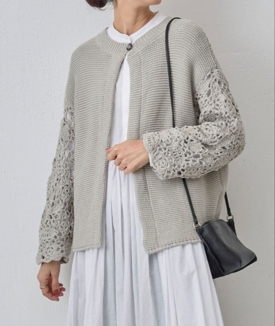 【美品】BEARDSLEY 透かし編み クロシェットスリーブカーディガン　グレー