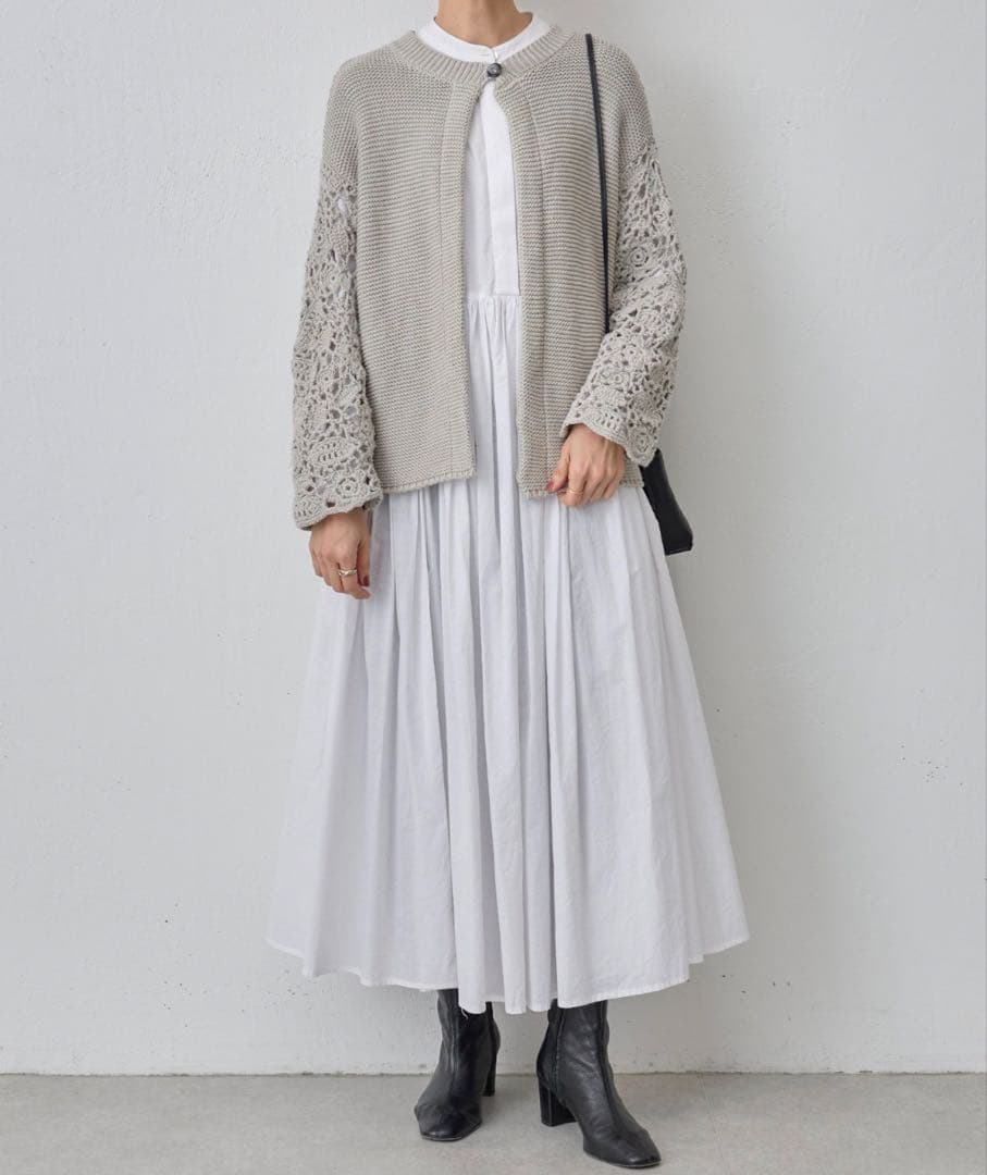 【美品】BEARDSLEY 透かし編み クロシェットスリーブカーディガン　グレー
