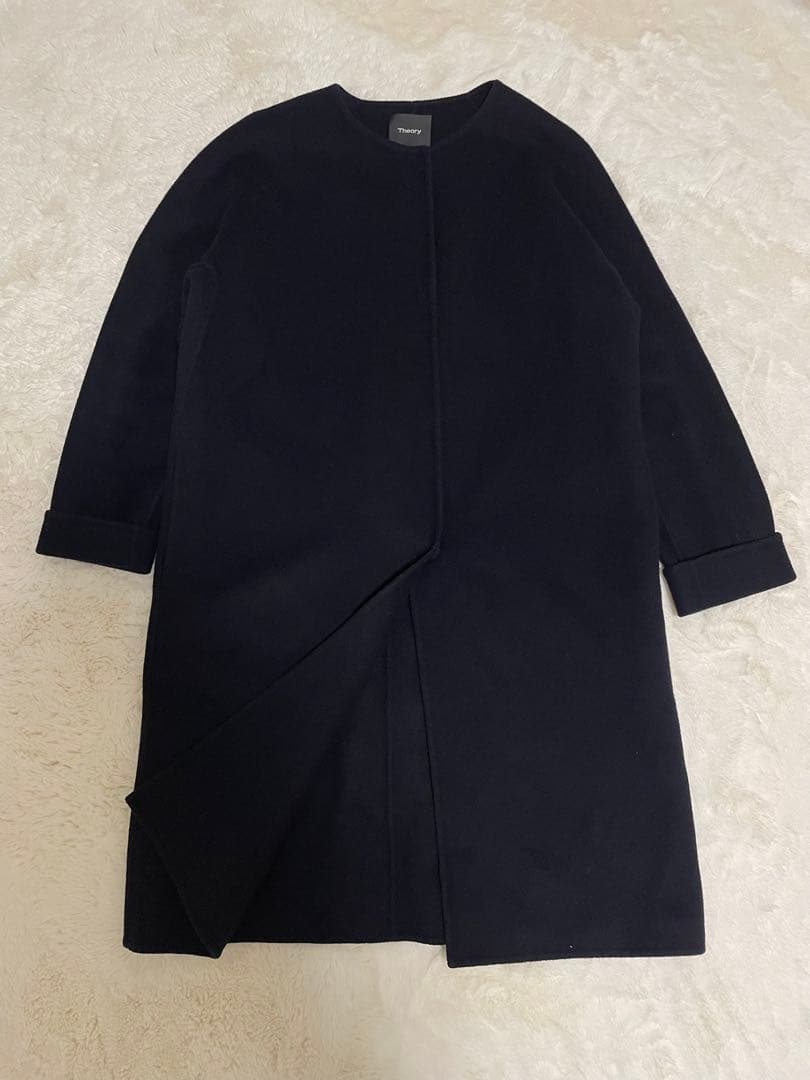 theory リバーコート ダブルフェイスノーカラーコート カシミヤ混 ネイビー