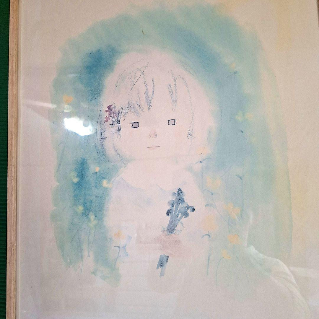 【美品】いわさきちひろ 複製画 額装「青い背景の少女（仮）」大判