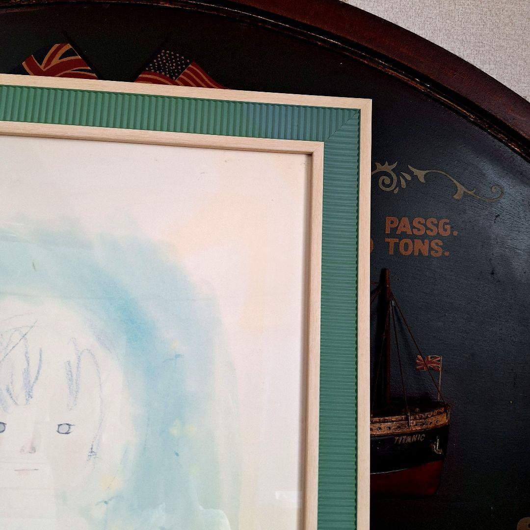 【美品】いわさきちひろ 複製画 額装「青い背景の少女（仮）」大判