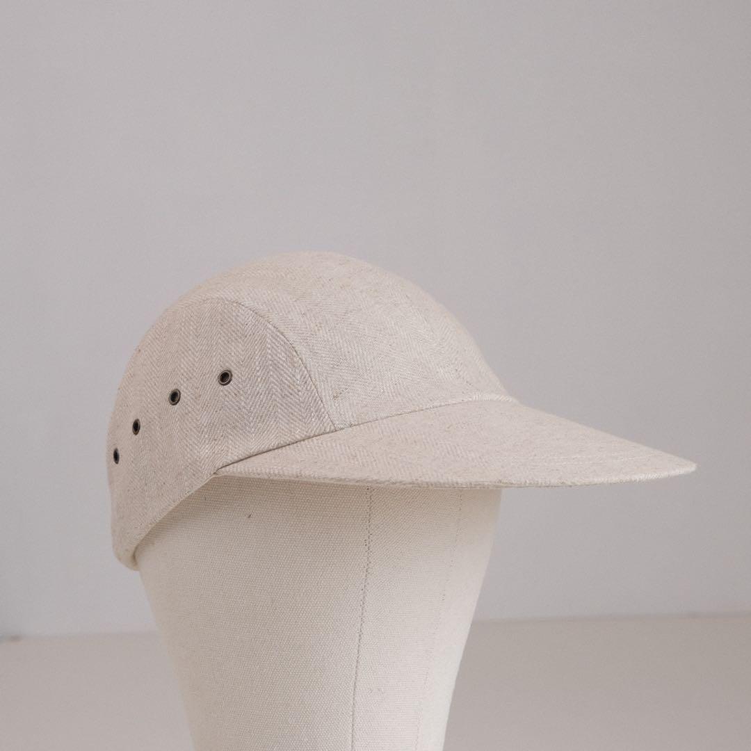リネン ロングビルキャップ9.5cm 4パネル ヘリンボーン アイボリー