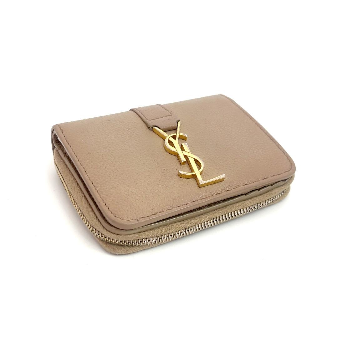 YSL イヴ・サンローラン ベージュ レザー 二つ折り財布 ラウンドジップ