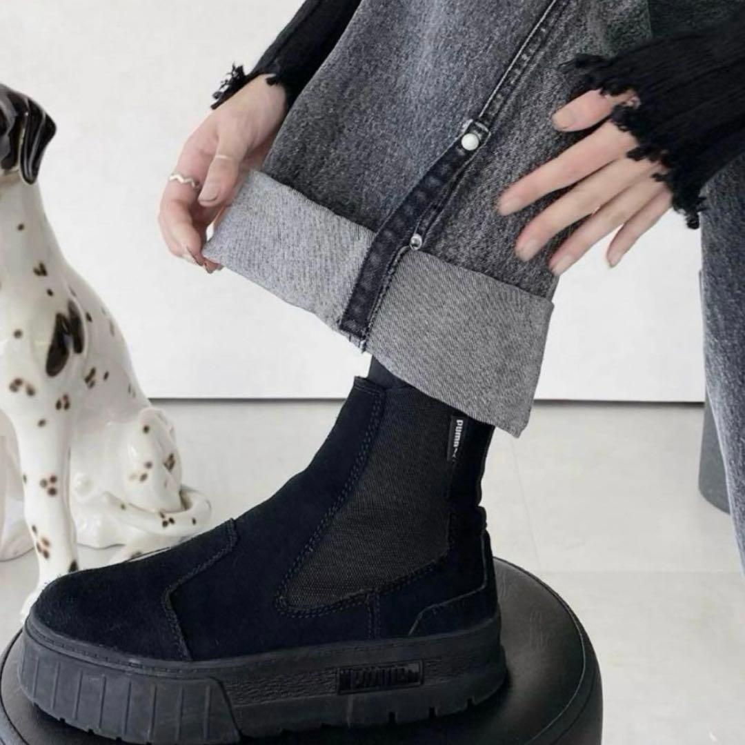musubore ムスボレ ワイドデニムパンツ ハトメ グレー ロールアップ