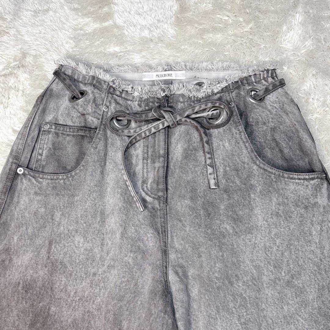 musubore ムスボレ ワイドデニムパンツ ハトメ グレー ロールアップ