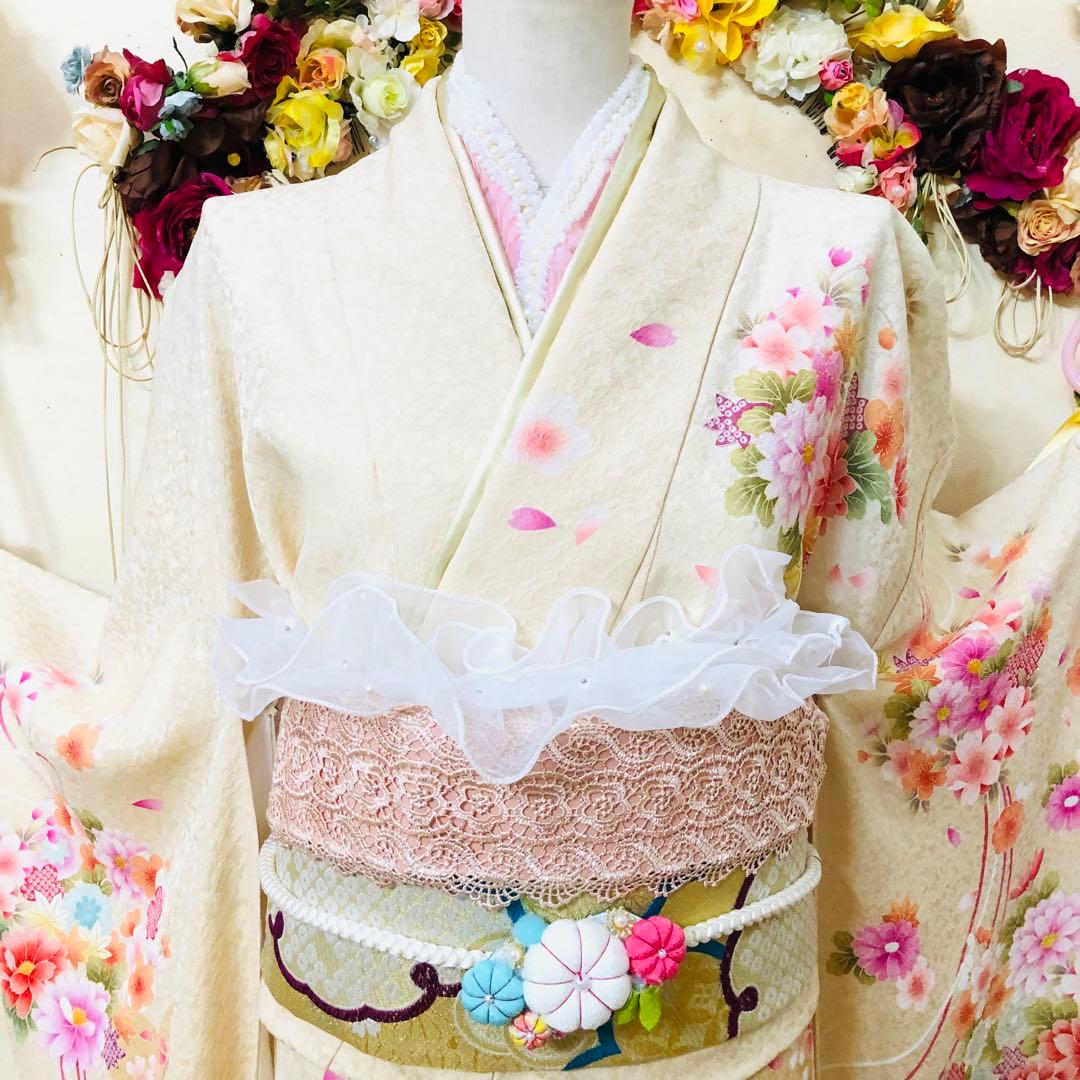 振袖正絹フルセット‼️豪華絢爛クリームラメキッラキラ ⭐︎花々金彩刺繍⭐︎新品豪華袋帯