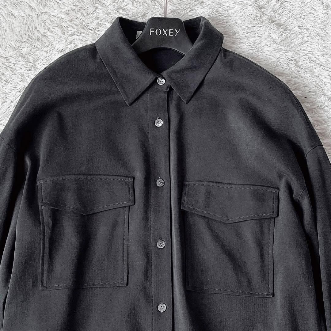 【美品】セオリーリュクス シルクシャツワンピース とろみ素材 黒ブラック ひざ丈