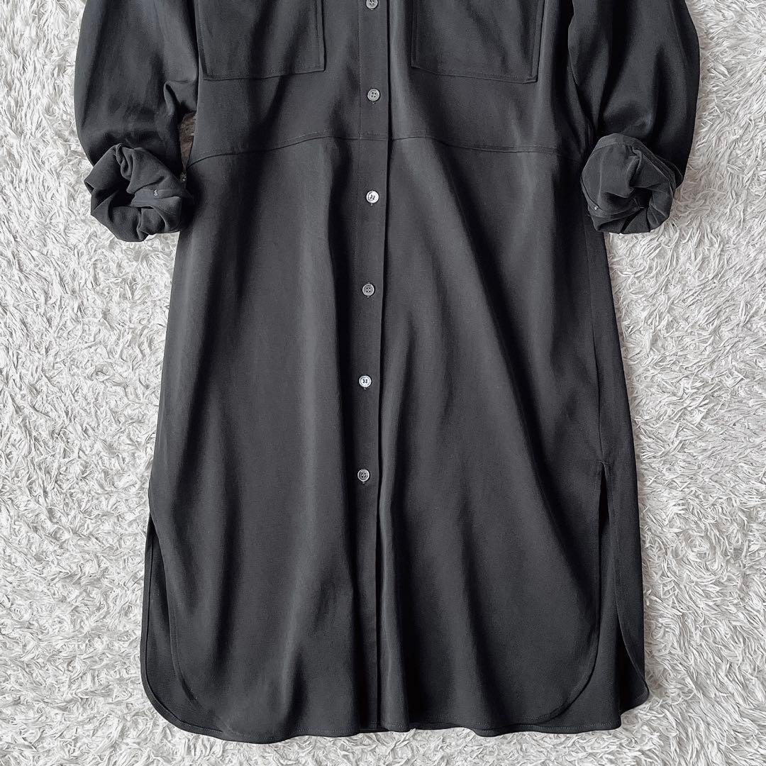 【美品】セオリーリュクス シルクシャツワンピース とろみ素材 黒ブラック ひざ丈