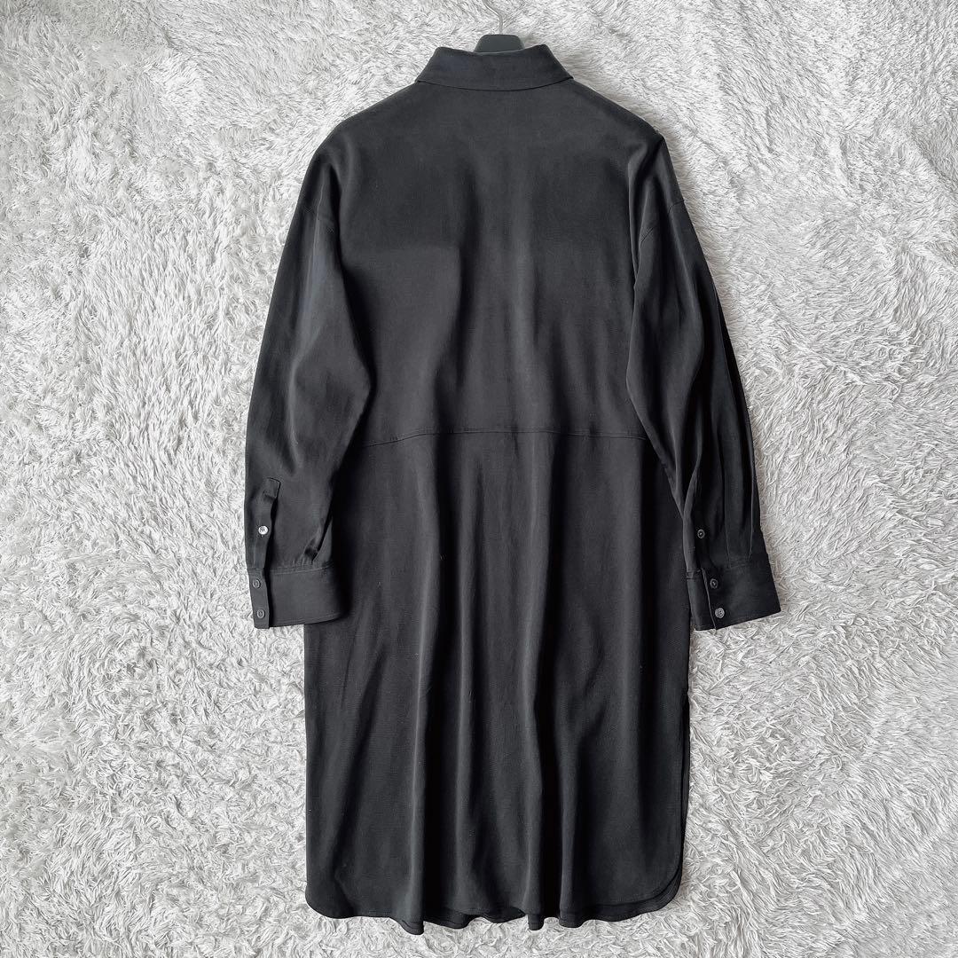 【美品】セオリーリュクス シルクシャツワンピース とろみ素材 黒ブラック ひざ丈