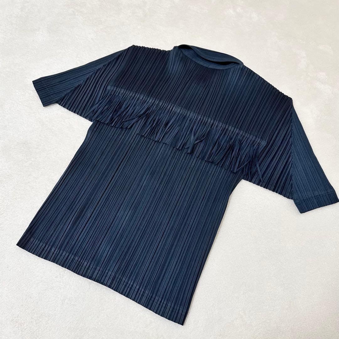 極美品✨PLEATS PLEASE プリーツ　フリンジ　変更　ネイビー　半袖