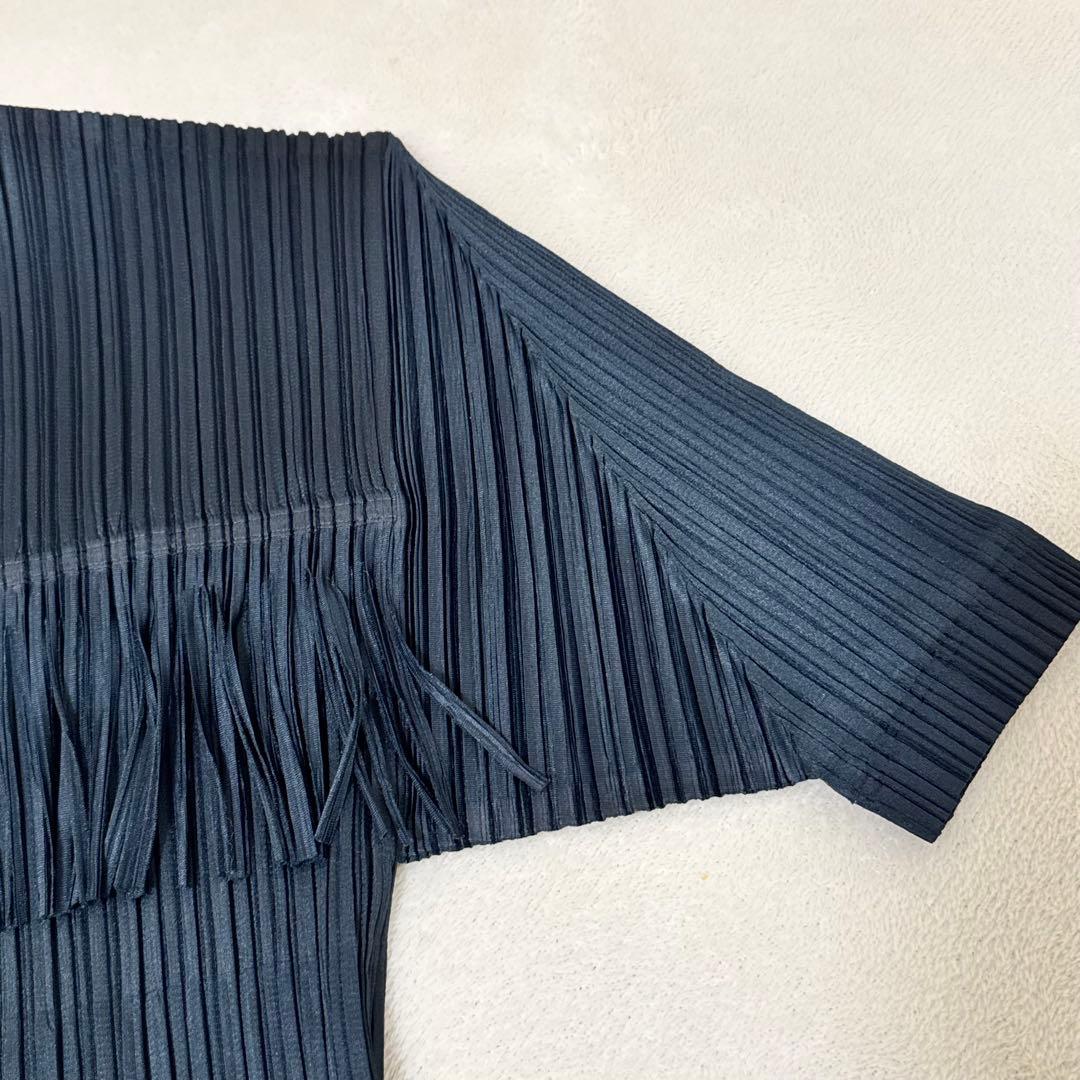 極美品✨PLEATS PLEASE プリーツ　フリンジ　変更　ネイビー　半袖