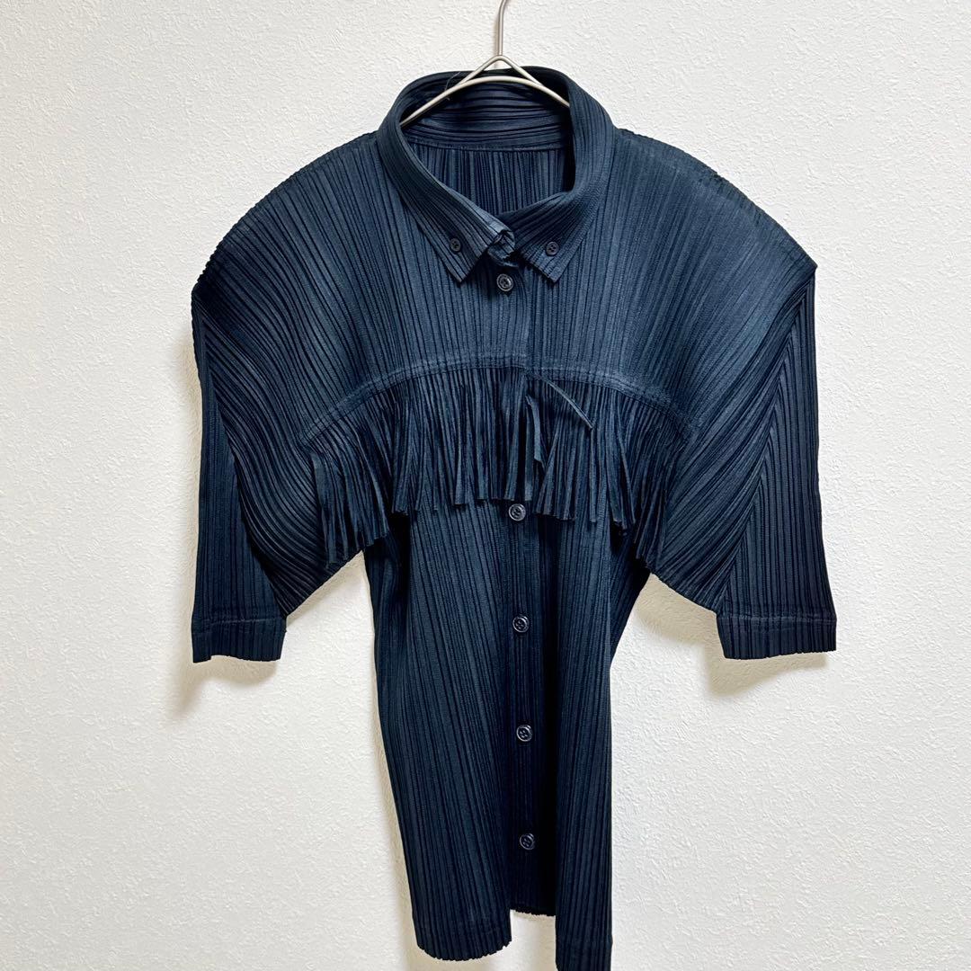 極美品✨PLEATS PLEASE プリーツ　フリンジ　変更　ネイビー　半袖