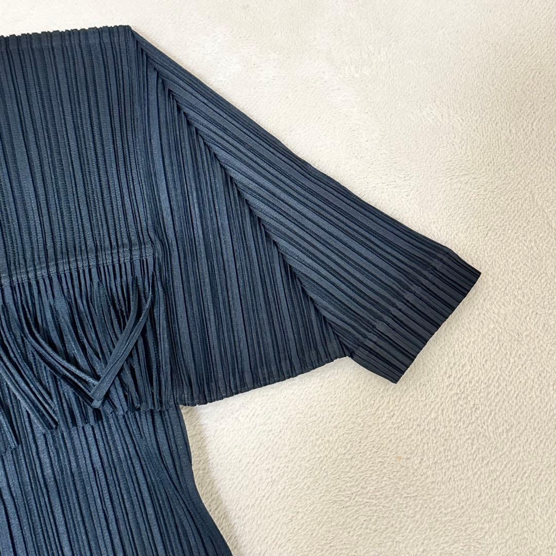 極美品✨PLEATS PLEASE プリーツ　フリンジ　変更　ネイビー　半袖