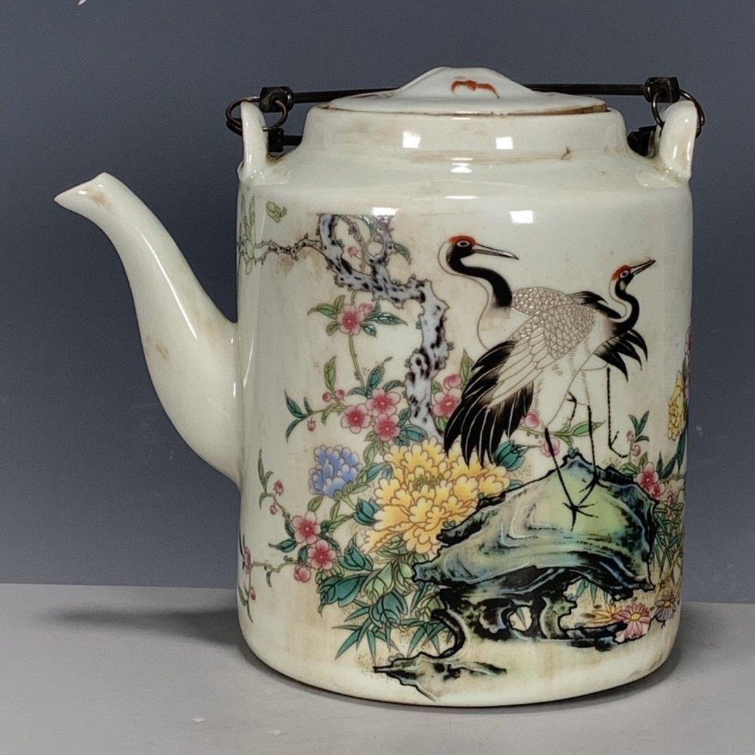 大清同治粉彩仙鶴図紋提梁壺 茶道具 工芸品 美術品 置物