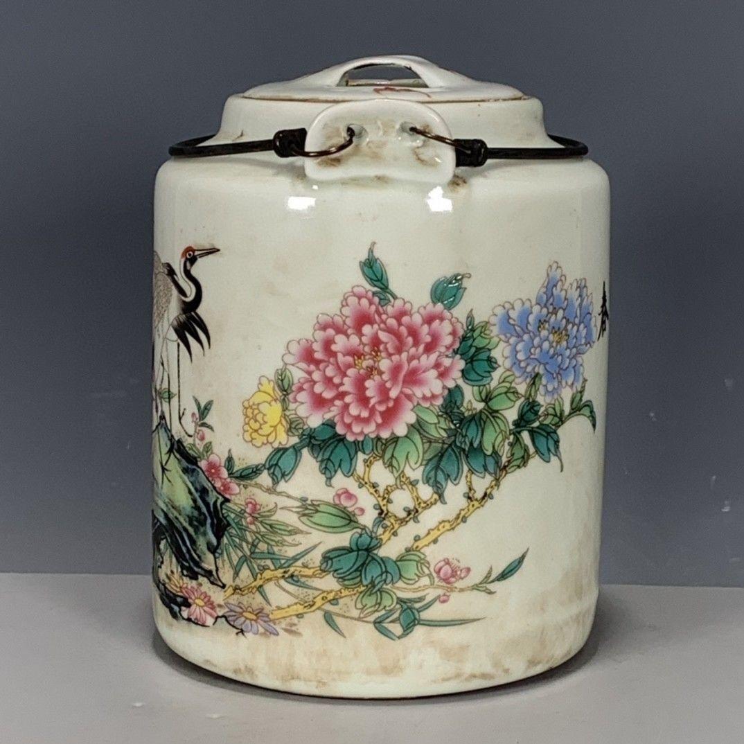 大清同治粉彩仙鶴図紋提梁壺 茶道具 工芸品 美術品 置物