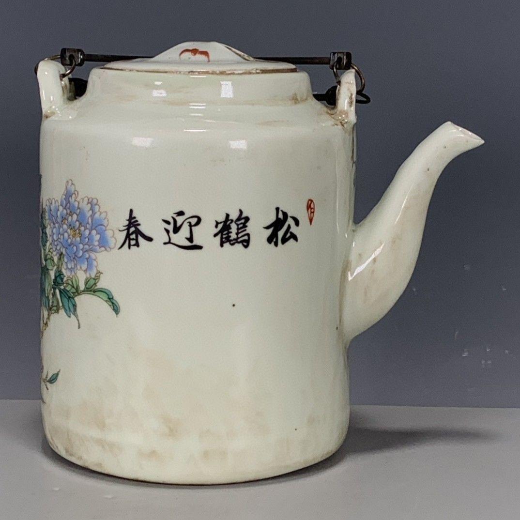 大清同治粉彩仙鶴図紋提梁壺 茶道具 工芸品 美術品 置物