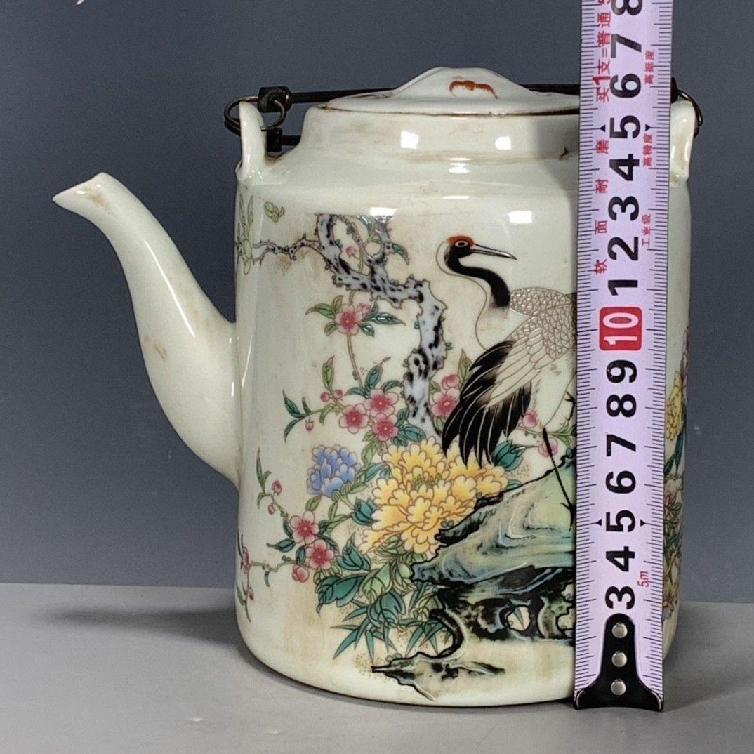 大清同治粉彩仙鶴図紋提梁壺 茶道具 工芸品 美術品 置物