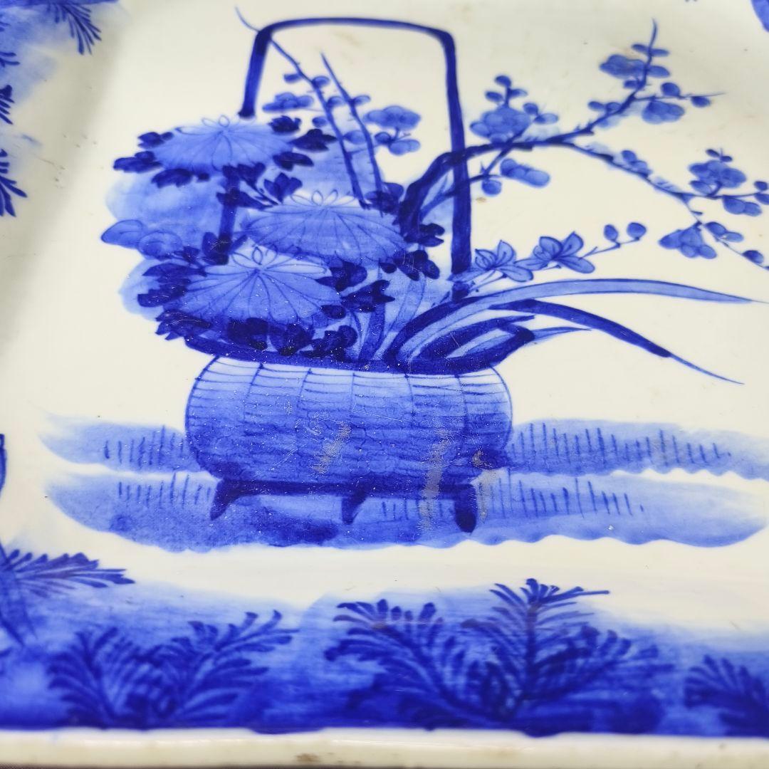江戸古美術 古染 飾り大皿 在銘 花鳥盆栽文 手描き コレクター放出 置物骨董皿